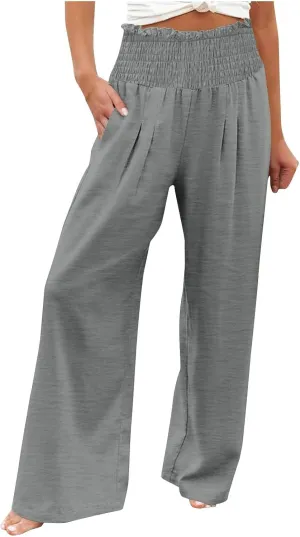 Women's Wide Leg Pants Casual Solid Elastic High Waist Pleated Linen Pants Trendy Spring Trousers with Pockets