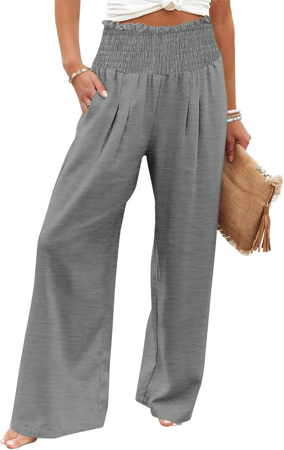 Women's Wide Leg Pants Casual Solid Elastic High Waist Pleated Linen Pants Trendy Spring Trousers with Pockets