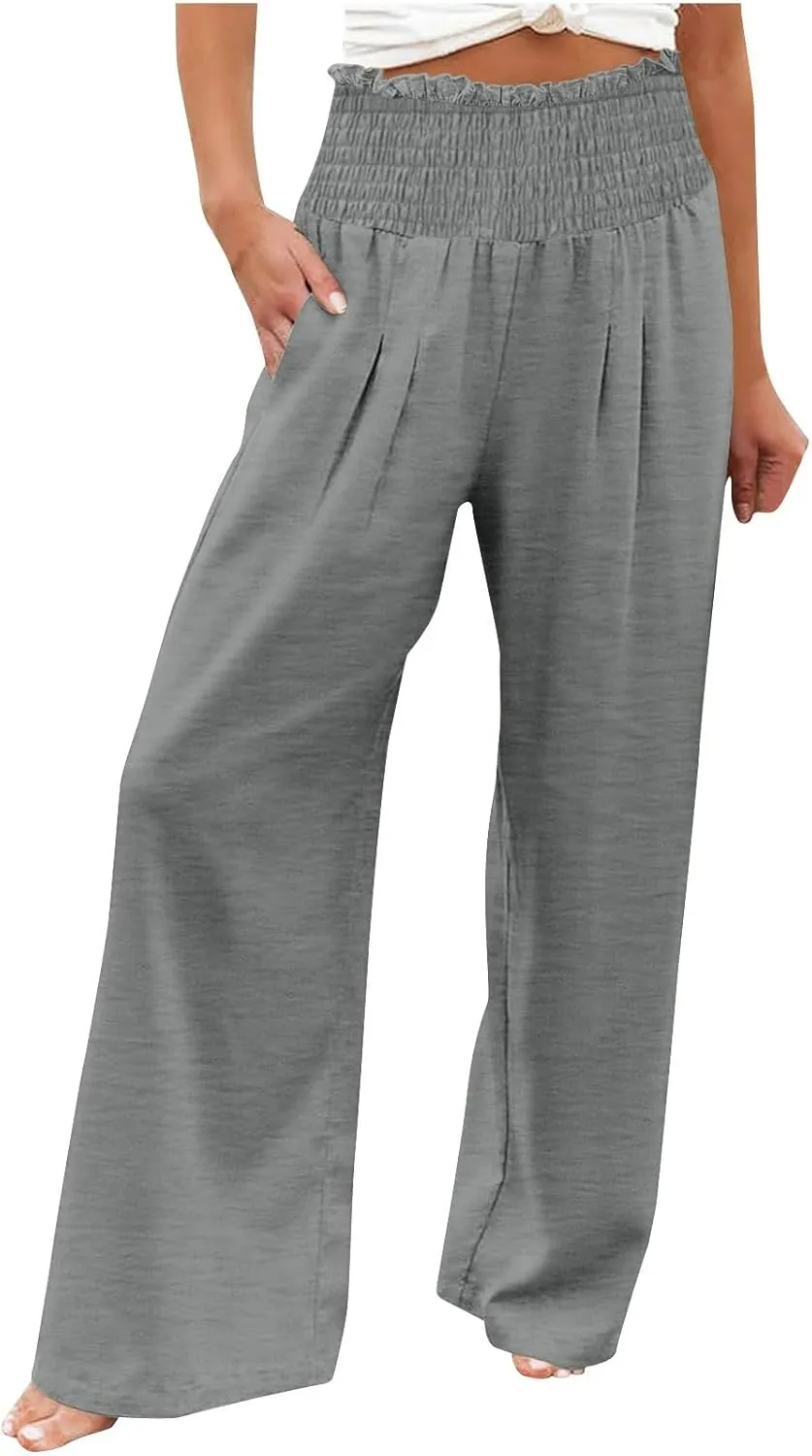 Women's Wide Leg Pants Casual Solid Elastic High Waist Pleated Linen Pants Trendy Spring Trousers with Pockets