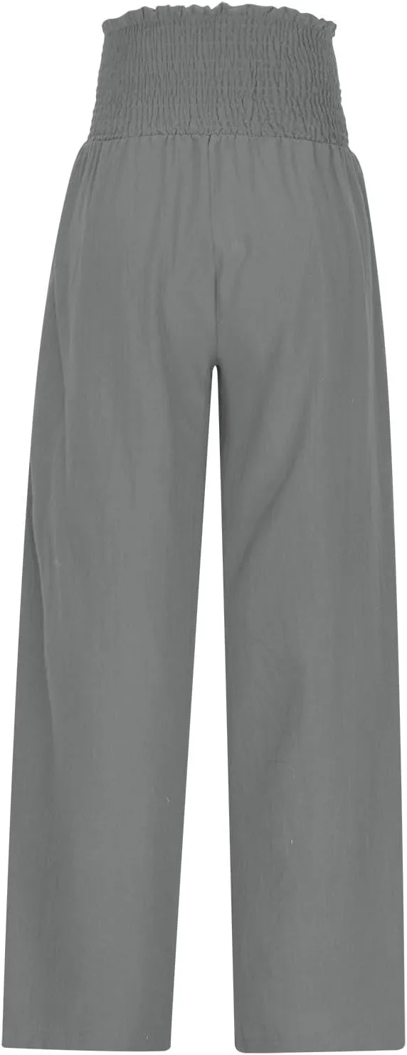 Women's Wide Leg Pants Casual Solid Elastic High Waist Pleated Linen Pants Trendy Spring Trousers with Pockets