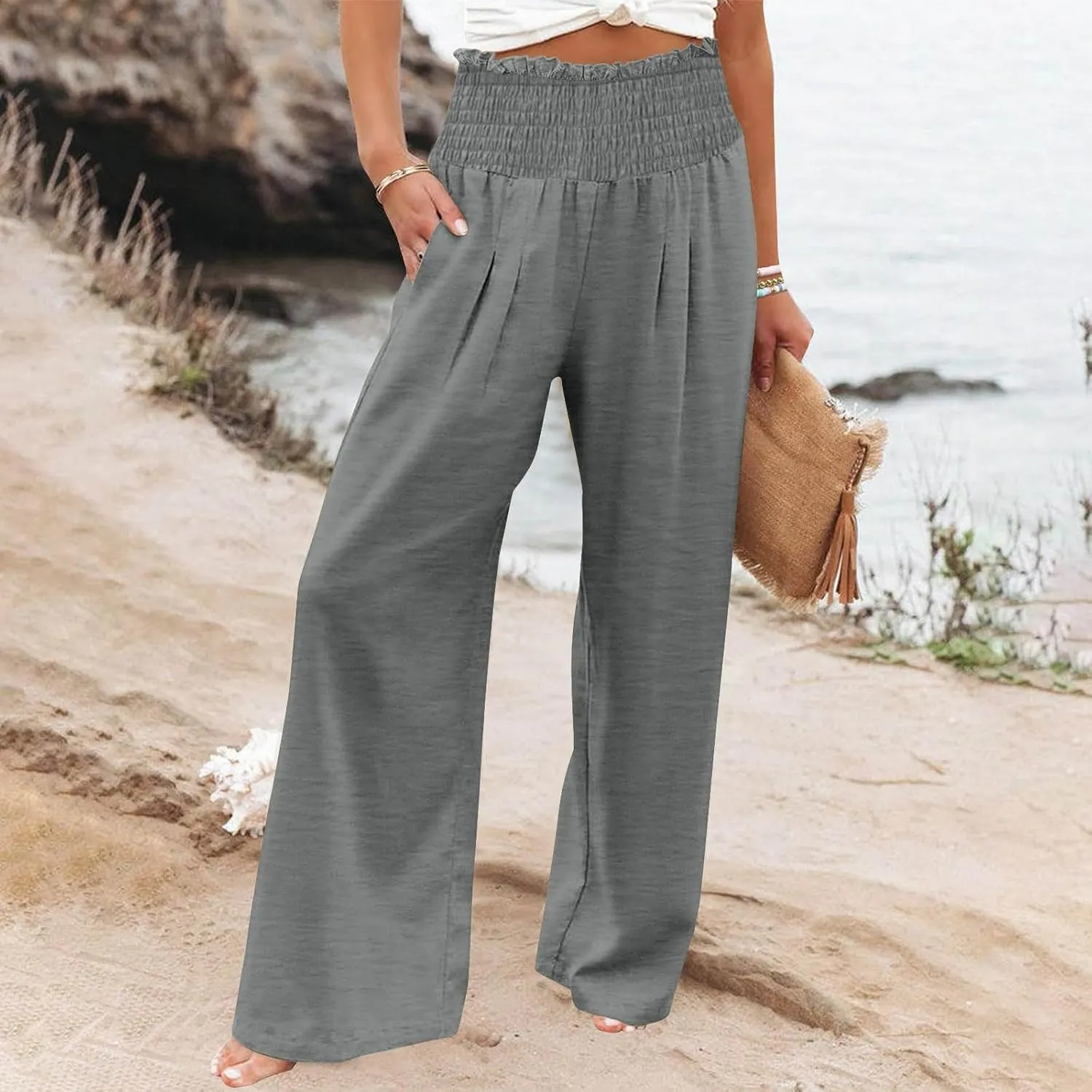 Women's Wide Leg Pants Casual Solid Elastic High Waist Pleated Linen Pants Trendy Spring Trousers with Pockets