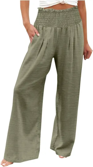 Women's Wide Leg Pants Casual Solid Elastic High Waist Pleated Linen Pants Trendy Spring Trousers with Pockets