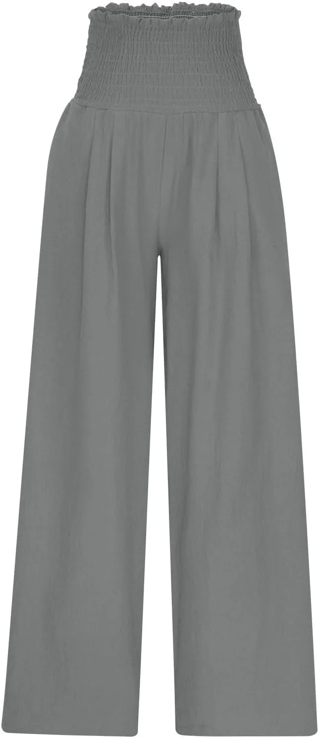 Women's Wide Leg Pants Casual Solid Elastic High Waist Pleated Linen Pants Trendy Spring Trousers with Pockets