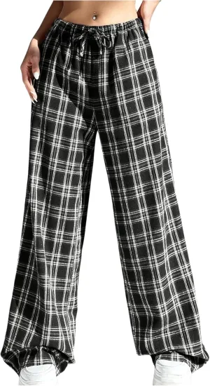 Women's Wide Leg Pants Y2K Drawstring Elastic High Waisted Plaid Pants Pajama with Pockets
