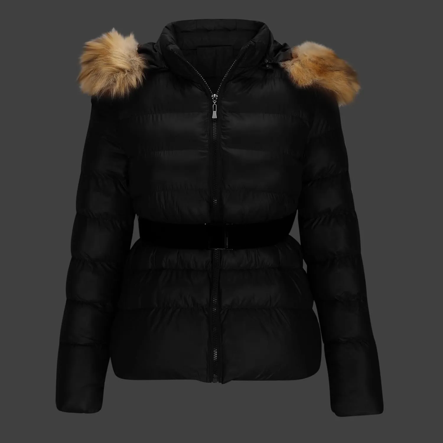 Women's Winter Padded Down Cotton Coat Warm Quilted Puffer Jacket Zip Belted Short Parka with Faux Fur Detachable Hood