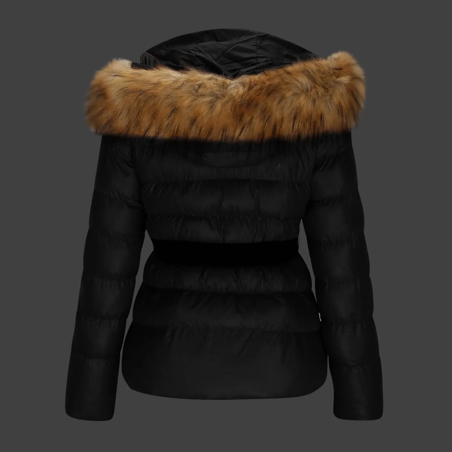 Women's Winter Padded Down Cotton Coat Warm Quilted Puffer Jacket Zip Belted Short Parka with Faux Fur Detachable Hood