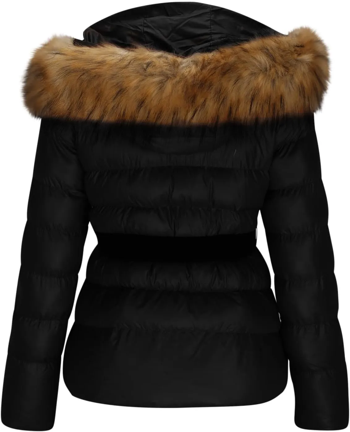 Women's Winter Padded Down Cotton Coat Warm Quilted Puffer Jacket Zip Belted Short Parka with Faux Fur Detachable Hood