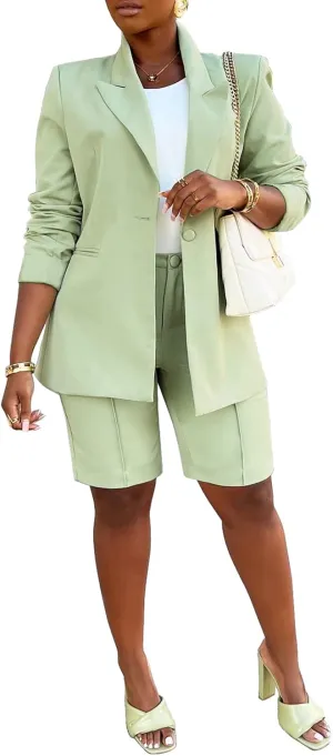 XZLUFNY Women's 2 Piece Full Sleeve Blazer and Short Office Business Work Suit Set