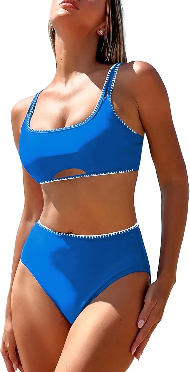 ZAFUL High Waisted Bikini Sets for Women Tummy Control Swimsuits Cut Out Bikini Tops Full Coverage Bottoms Bathing Suit