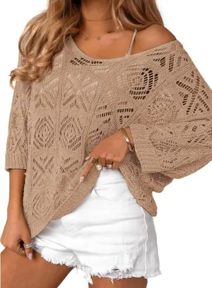 Zeagoo Women's Summer Crochet Off The Shoulder Hollow Out Knit Tops 2025 V Neck 3/4 Sleeve Sweater Top