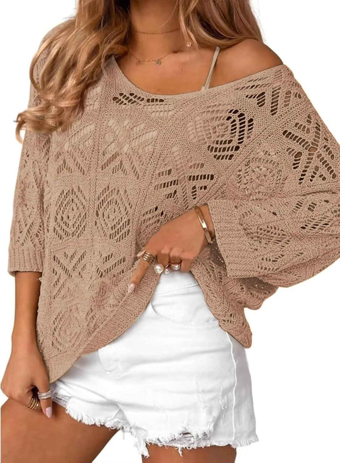 Zeagoo Women's Summer Crochet Off The Shoulder Hollow Out Knit Tops 2025 V Neck 3/4 Sleeve Sweater Top