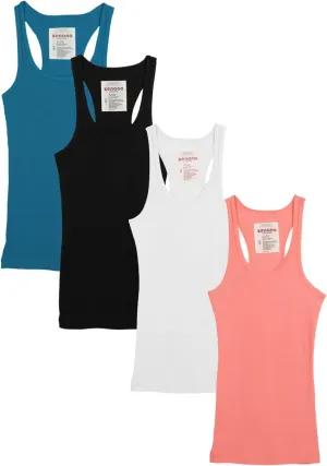 Zenana Outfitters 4 Pack Womens Ribbed Racerback Tank Top (Medium, 4 Pack - Black White Coral Jade)