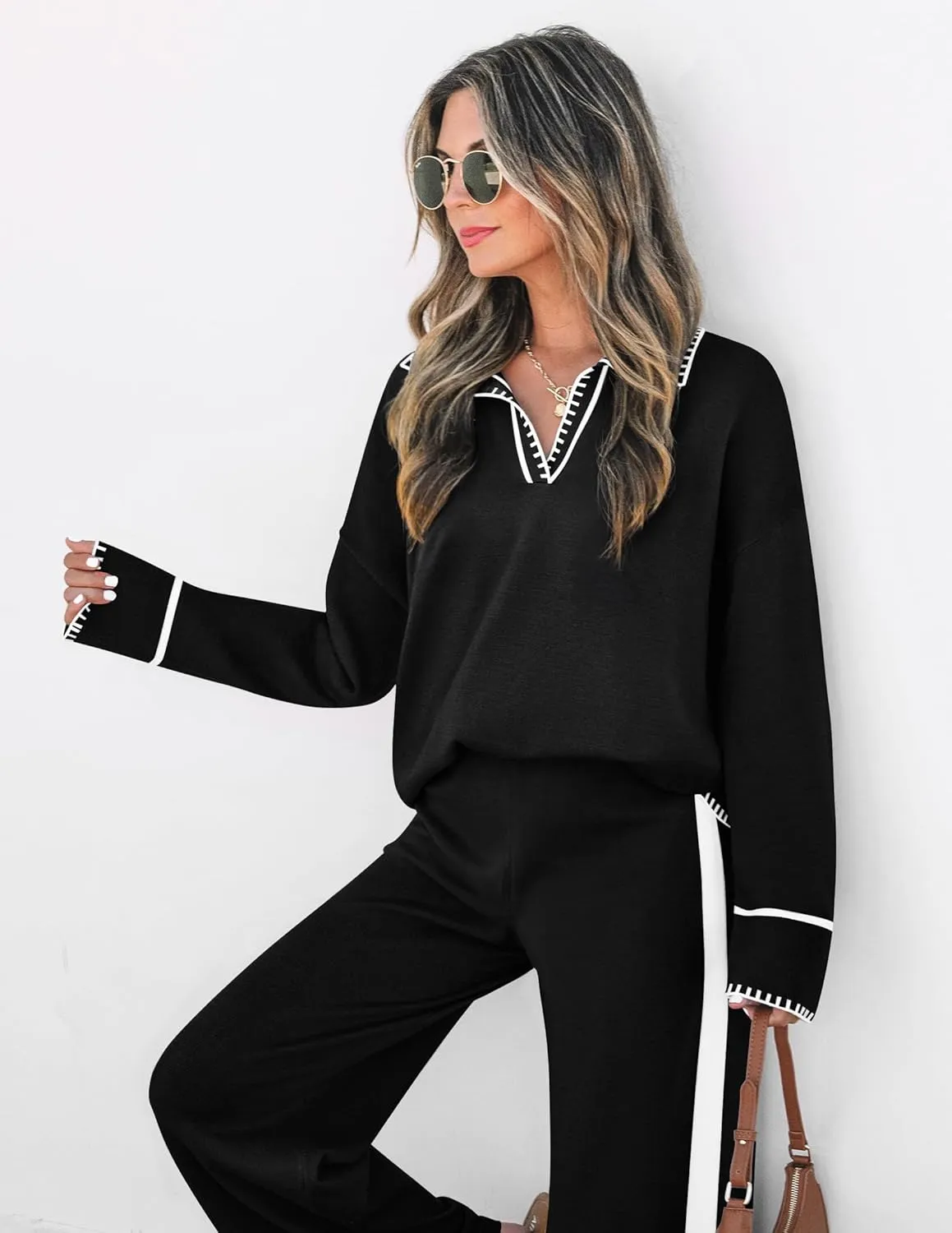 ZESICA Women's 2 Piece Fall Outfits Long Sleeve V Neck Knit Sweater Tops Wide Leg Pants Sweatsuit Lounge Sets