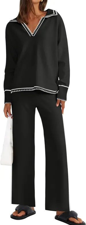 ZESICA Women's 2 Piece Fall Outfits Long Sleeve V Neck Knit Sweater Tops Wide Leg Pants Sweatsuit Lounge Sets