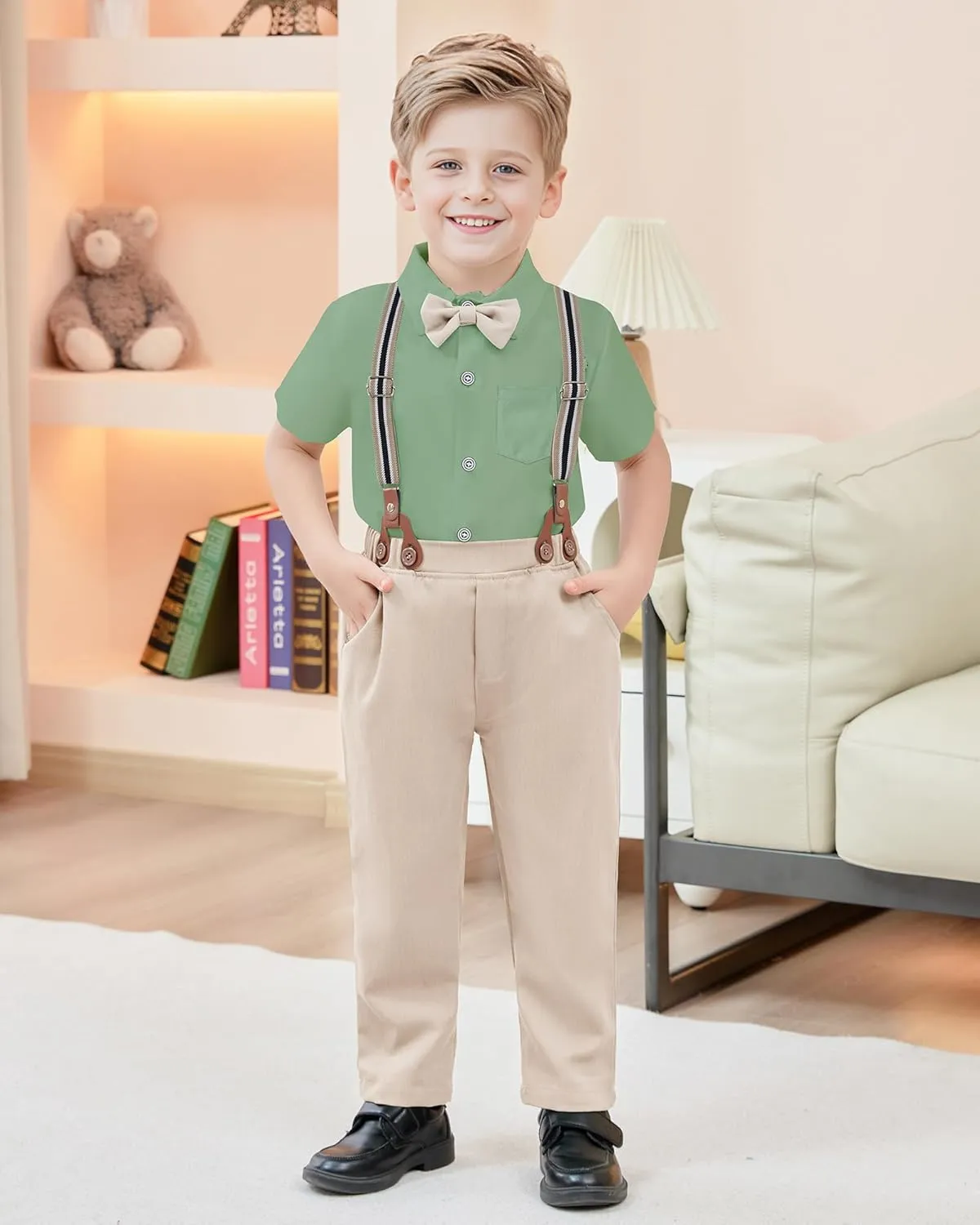 ZOEREA Boys Clothes Formal Suit Gentleman Wedding Outfit Short Sleeve Shirt with Bow Tie and Suspender Pants 2-10 Years