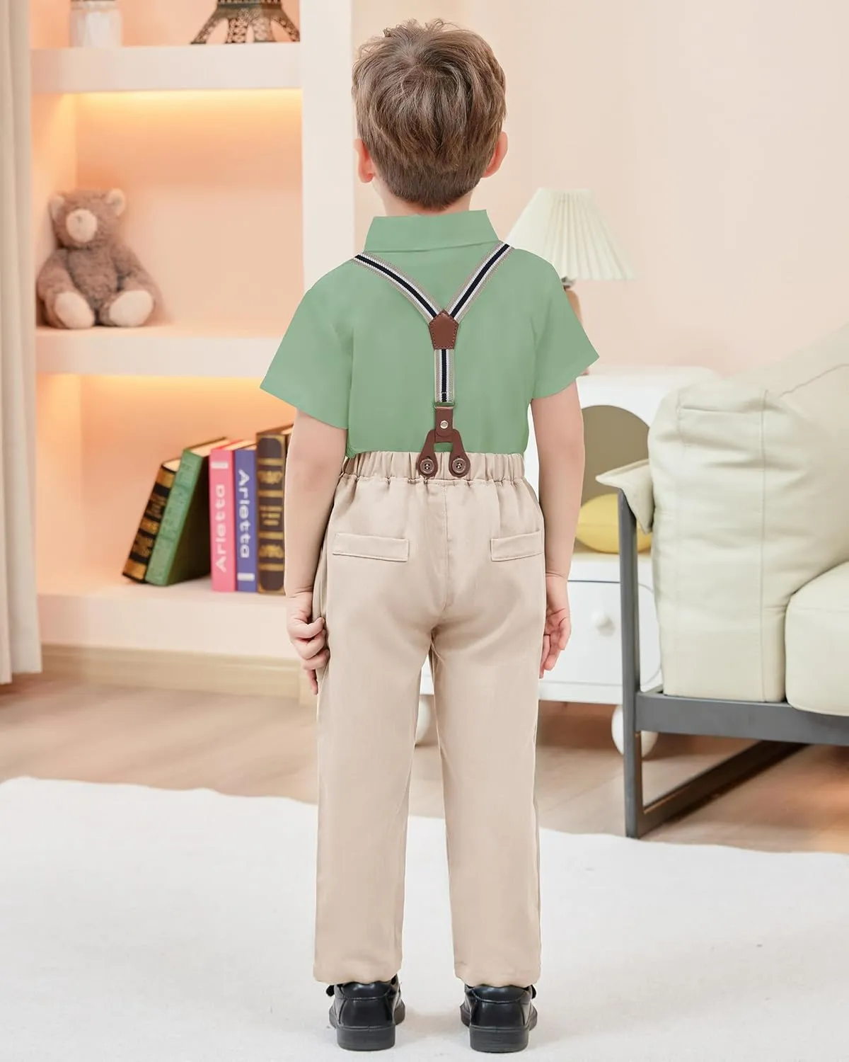 ZOEREA Boys Clothes Formal Suit Gentleman Wedding Outfit Short Sleeve Shirt with Bow Tie and Suspender Pants 2-10 Years