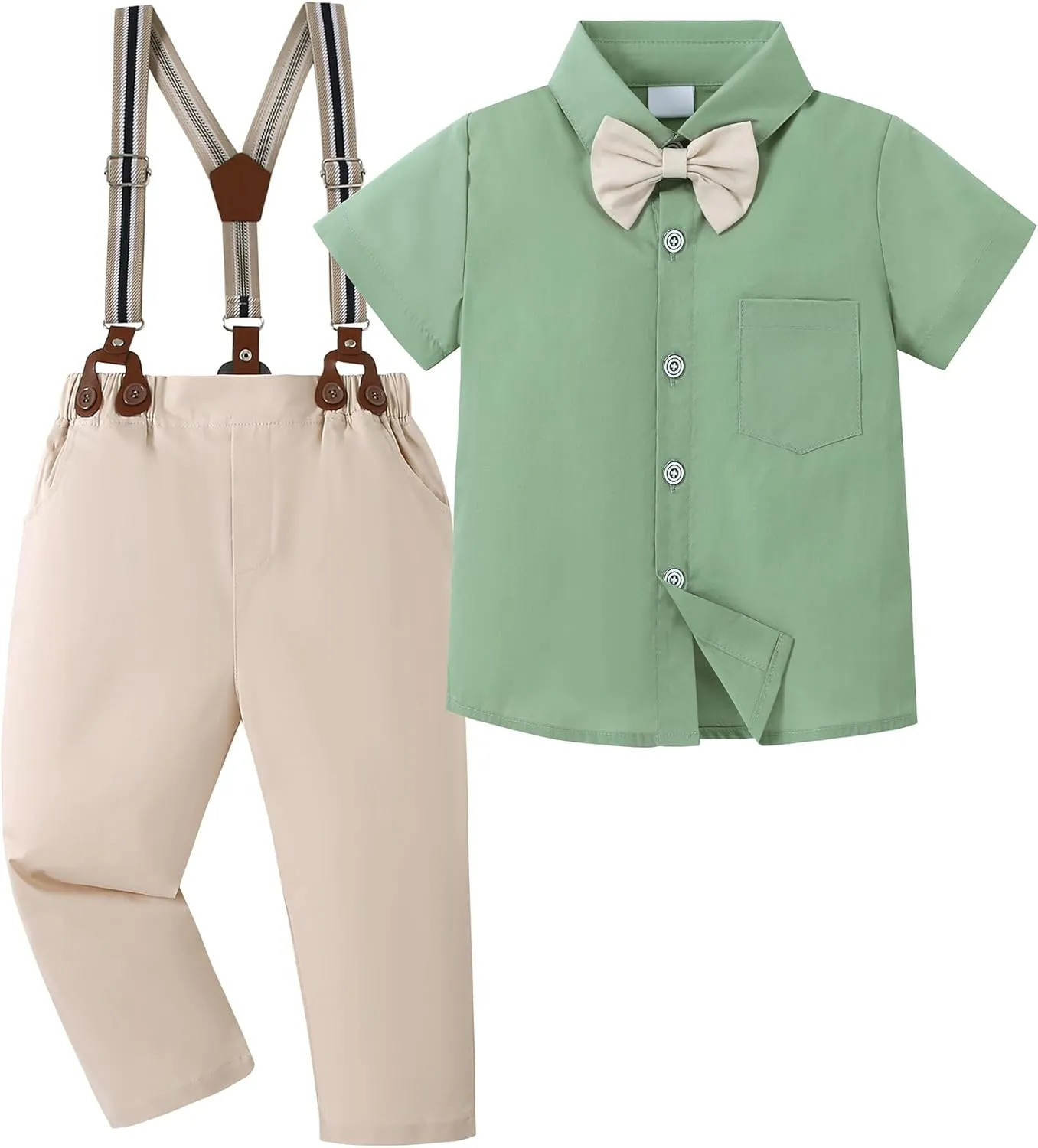 ZOEREA Boys Clothes Formal Suit Gentleman Wedding Outfit Short Sleeve Shirt with Bow Tie and Suspender Pants 2-10 Years
