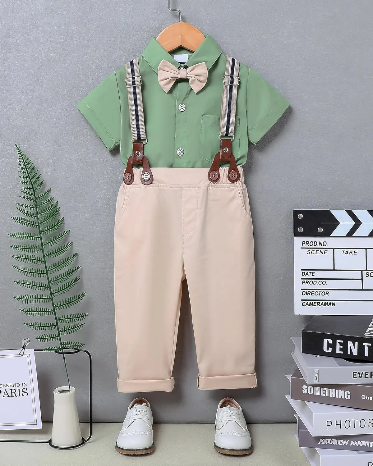 ZOEREA Boys Clothes Formal Suit Gentleman Wedding Outfit Short Sleeve Shirt with Bow Tie and Suspender Pants 2-10 Years